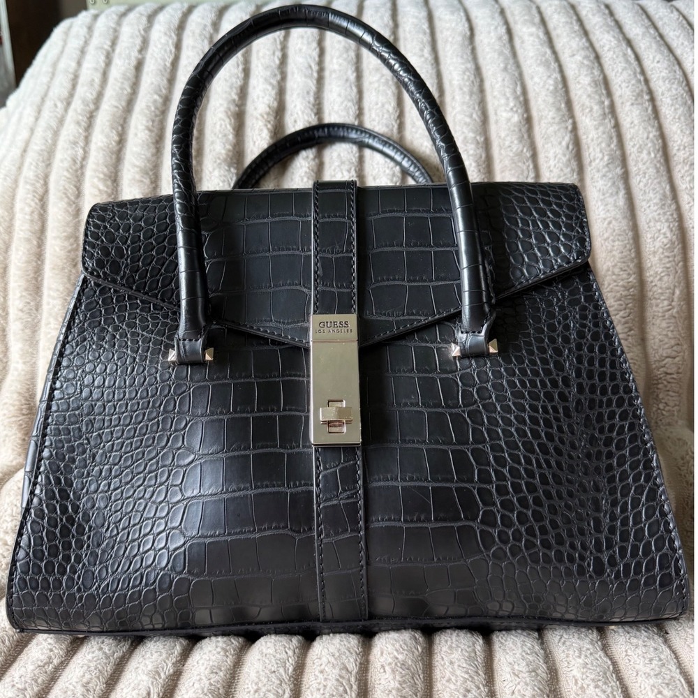 Guess Asher Black Croc Embossed Satchel Handbag Turn Lock CG747707